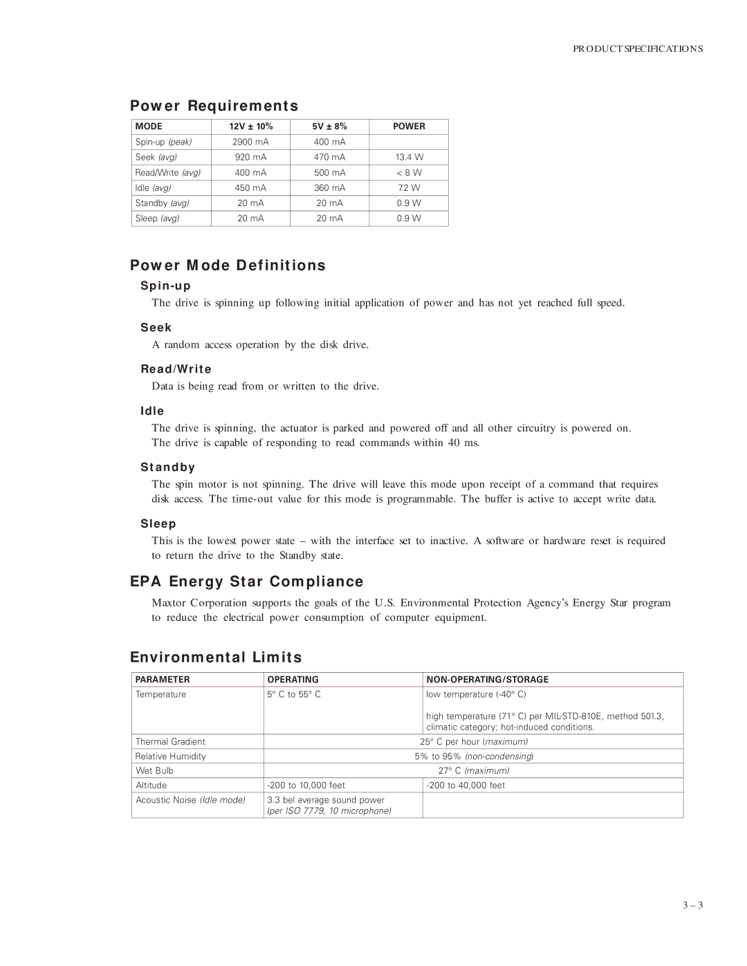 Maxtor 92049U6, 91024U3 manual Power Requirements, Power Mode Definitions, EPA Energy Star Compliance, Environmental Limits 