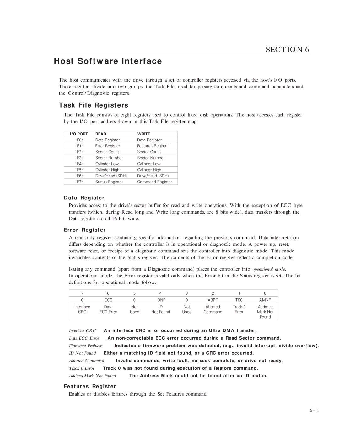 Maxtor 90683U2, 91024U3 Host Software Interface, Task File Registers, Data Register, Error Register, Features Register 