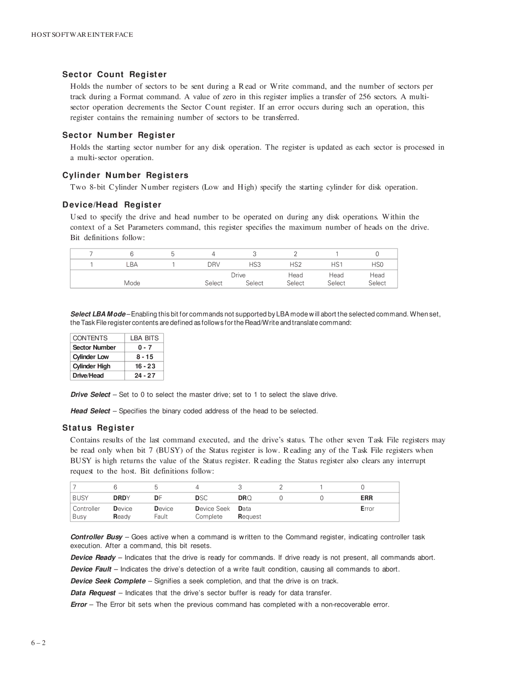 Maxtor 92049U6, 91024U3 Sector Count Register, Sector Number Register, Cylinder Number Registers, Device/Head Register 