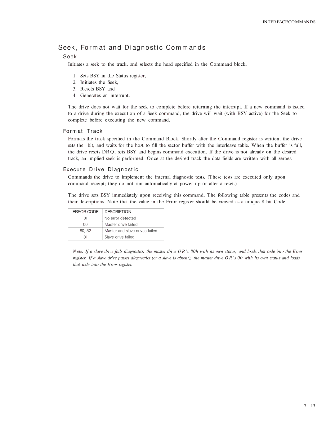 Maxtor 90683U2 manual Seek, Format and Diagnostic Commands, Format Track, Execute Drive Diagnostic, Error Code Description 