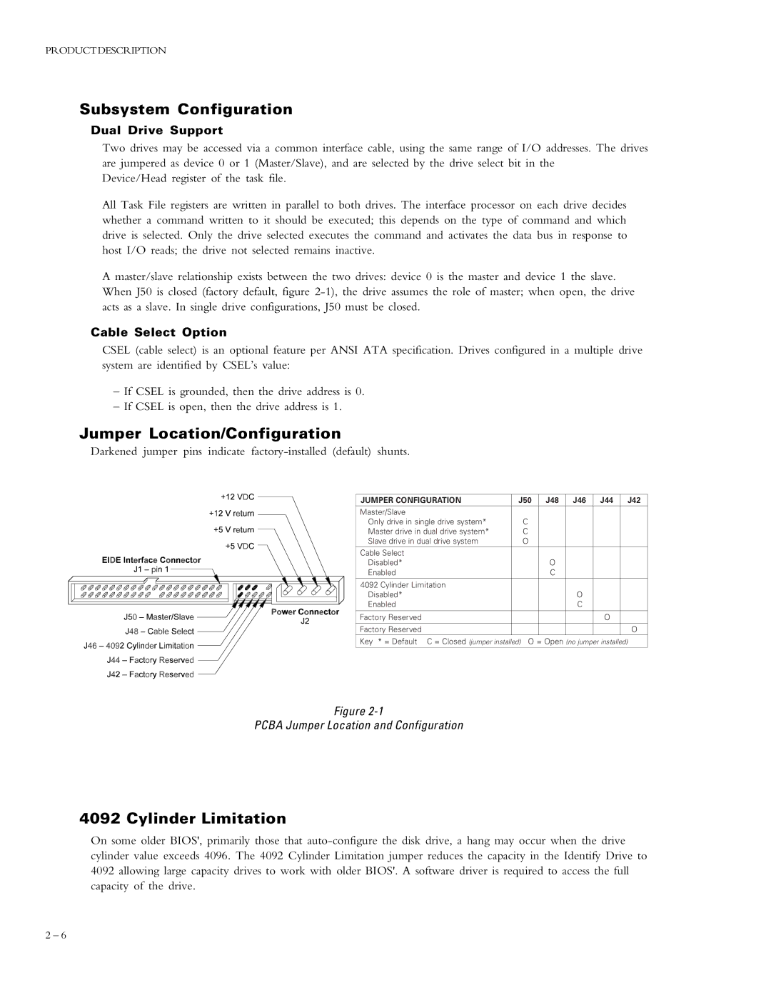 Maxtor 91152D8, 90845D6 Subsystem Configuration, Jumper Location/Configuration, Cylinder Limitation, Dual Drive Support 