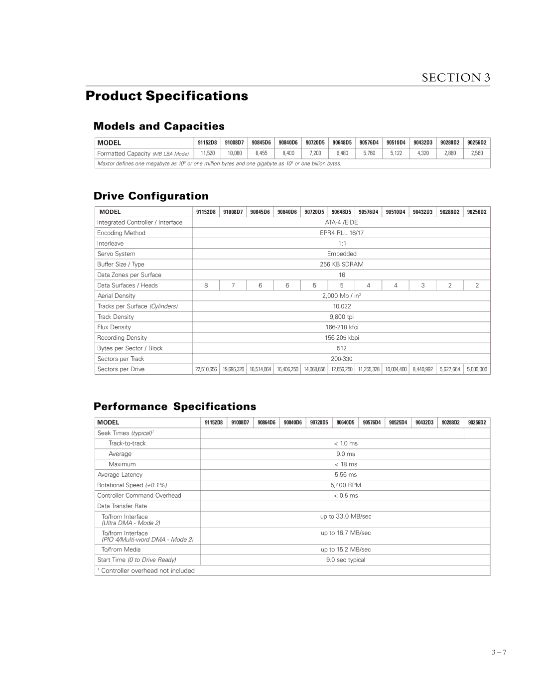 Maxtor 90845D6, 91152D8 Product Specifications, Models and Capacities, Drive Configuration, Performance Specifications 