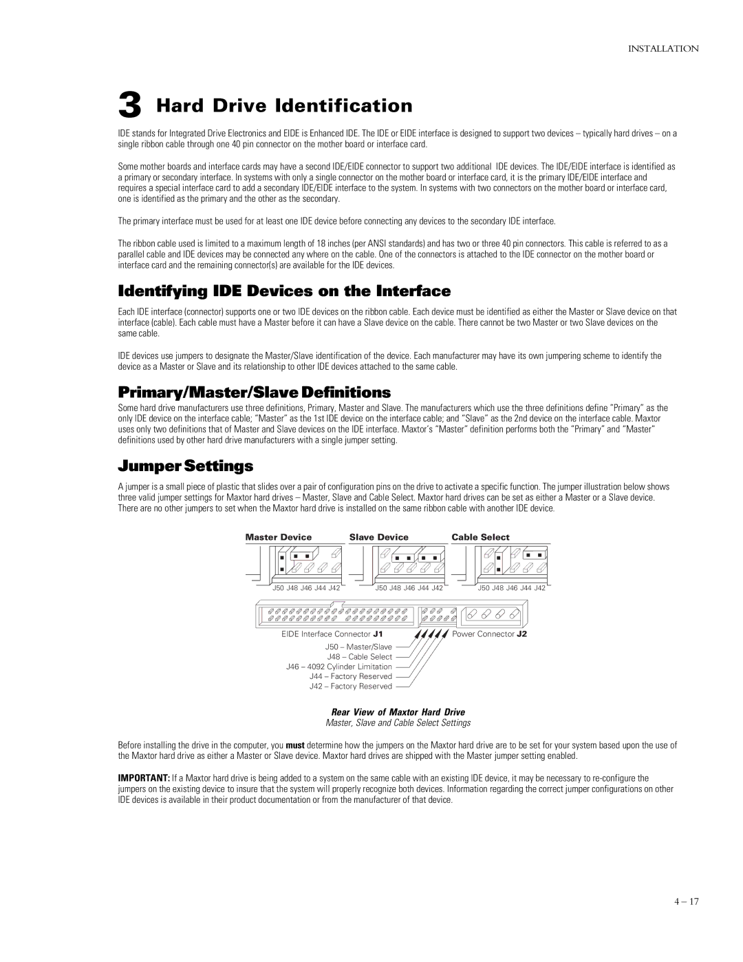 Maxtor 91152D8 Hard Drive Identification, Identifying IDE Devices on the Interface, Primary/Master/Slave Definitions 