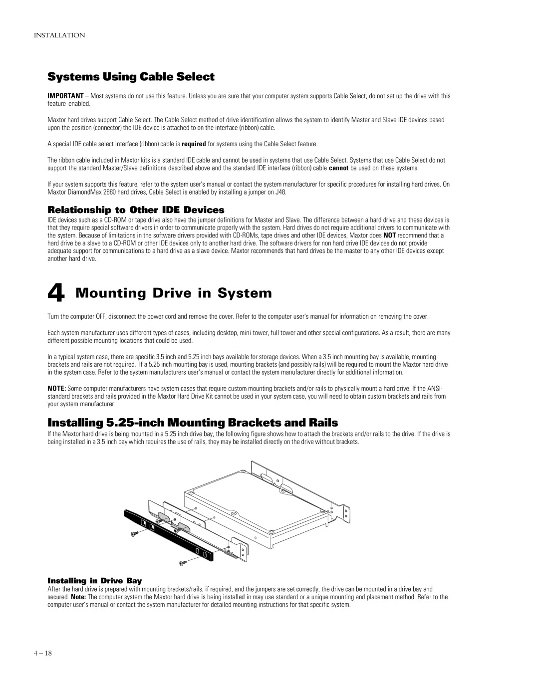 Maxtor 90845D6 Mounting Drive in System, Systems Using Cable Select, Installing 5.25-inch Mounting Brackets and Rails 