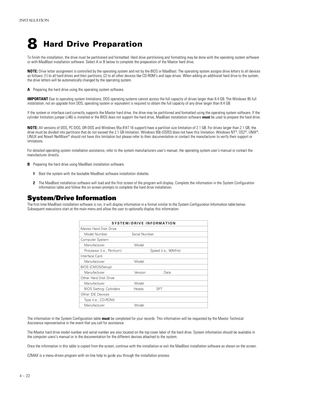 Maxtor 90432D3, 91152D8, 90845D6, 90648D5, 90720D5, 90840D6, 90256D2, 90288D2 Hard Drive Preparation, System/Drive Information 