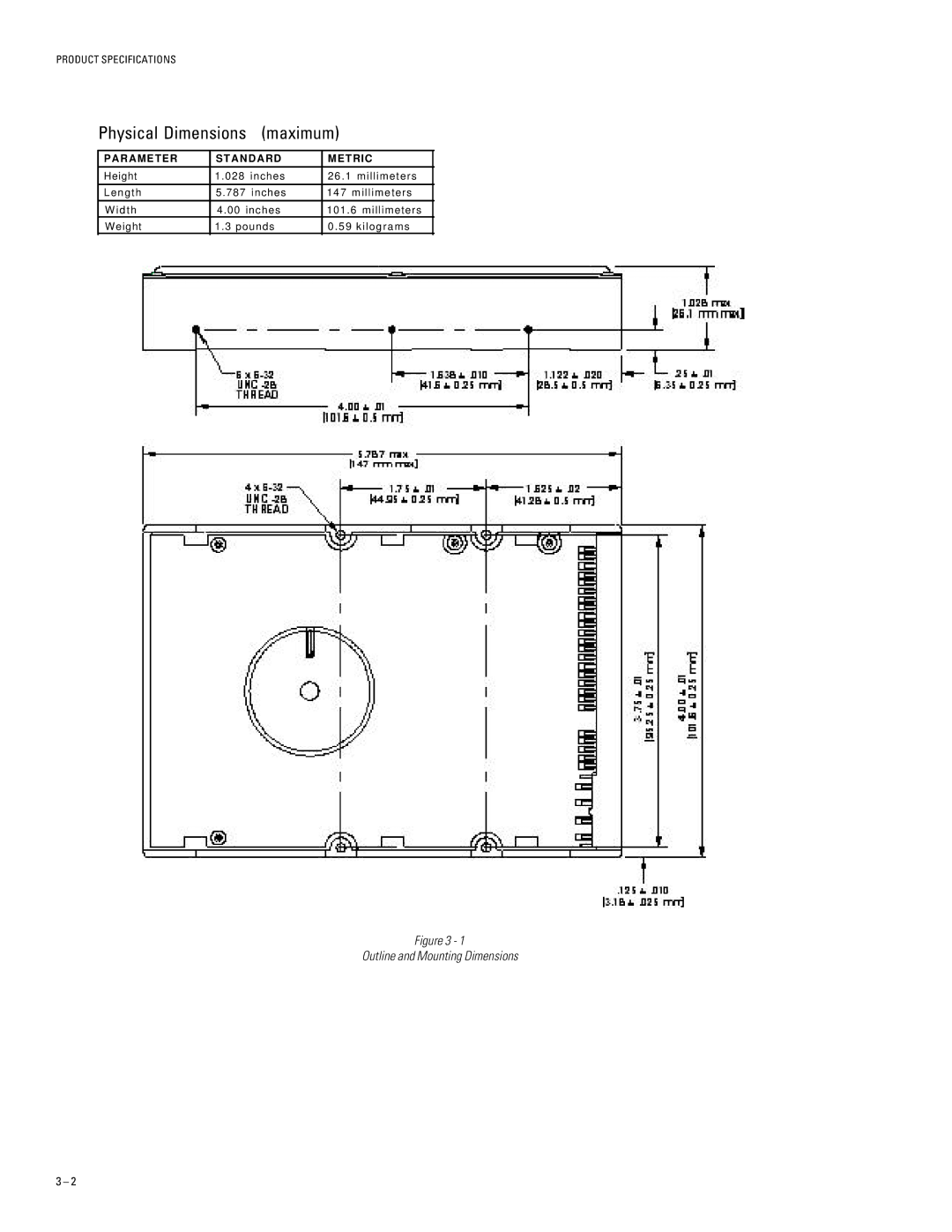 Maxtor 96147H8, 93073H4, 91536H2, 94610H6, 92305H3 specifications Physical Dimensions maximum, Parameter A N D a R D Metric 