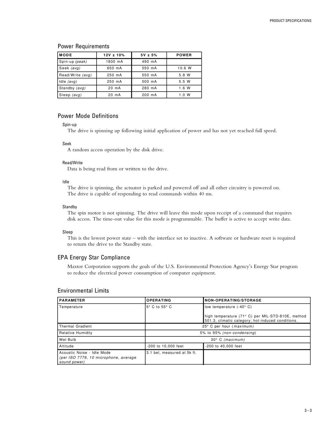 Maxtor 91536H2, 93073H4 Power Requirements, Power Mode Definitions, EPA Energy Star Compliance, Environmental Limits 