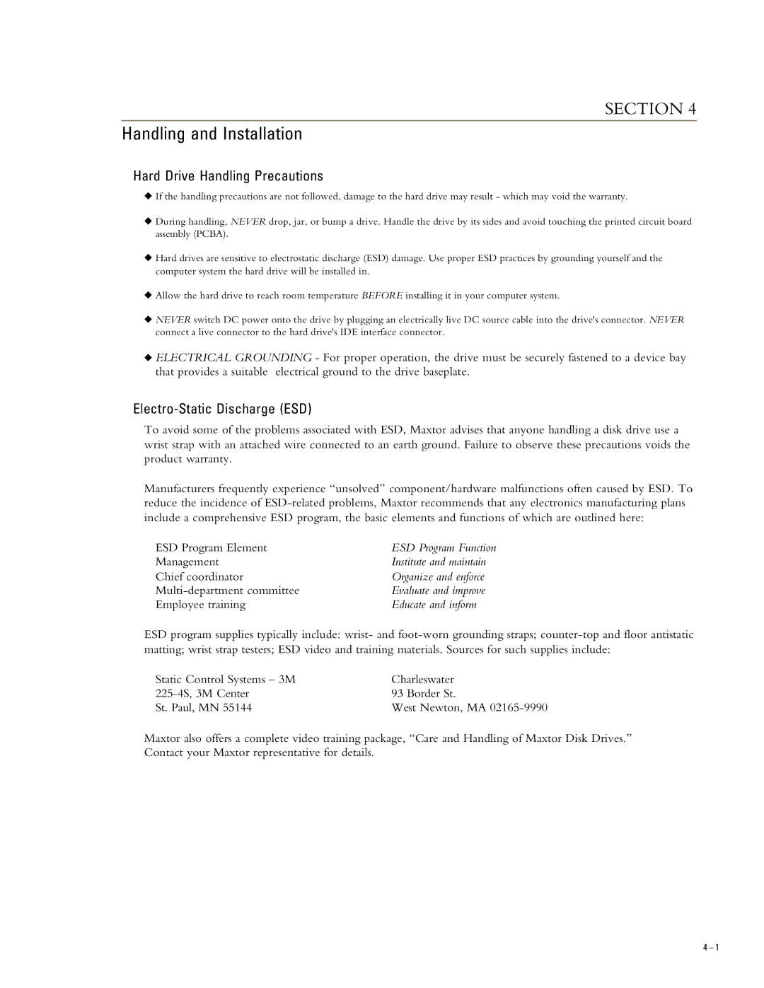 Maxtor 93073H4, 96147H8, 91536H2 Handling and Installation, Hard Drive Handling Precautions, Electro-Static Discharge ESD 