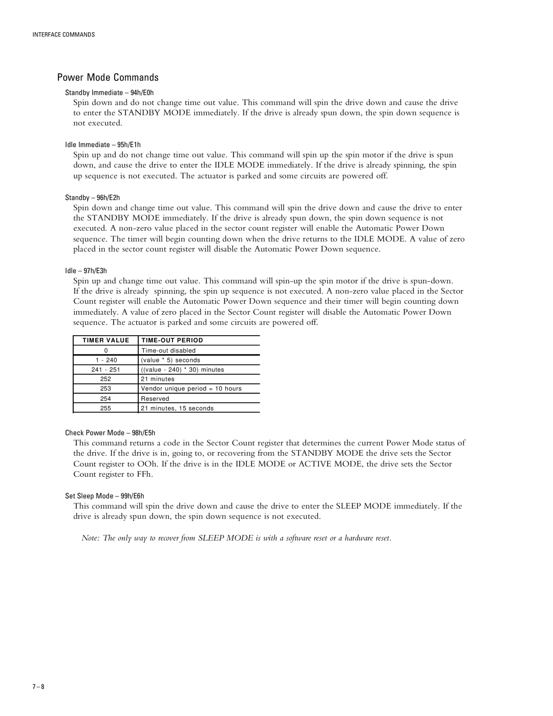 Maxtor 94610H6, 93073H4, 96147H8, 91536H2, 92305H3 specifications Power Mode Commands, Timer Value TIME-OUT Period 