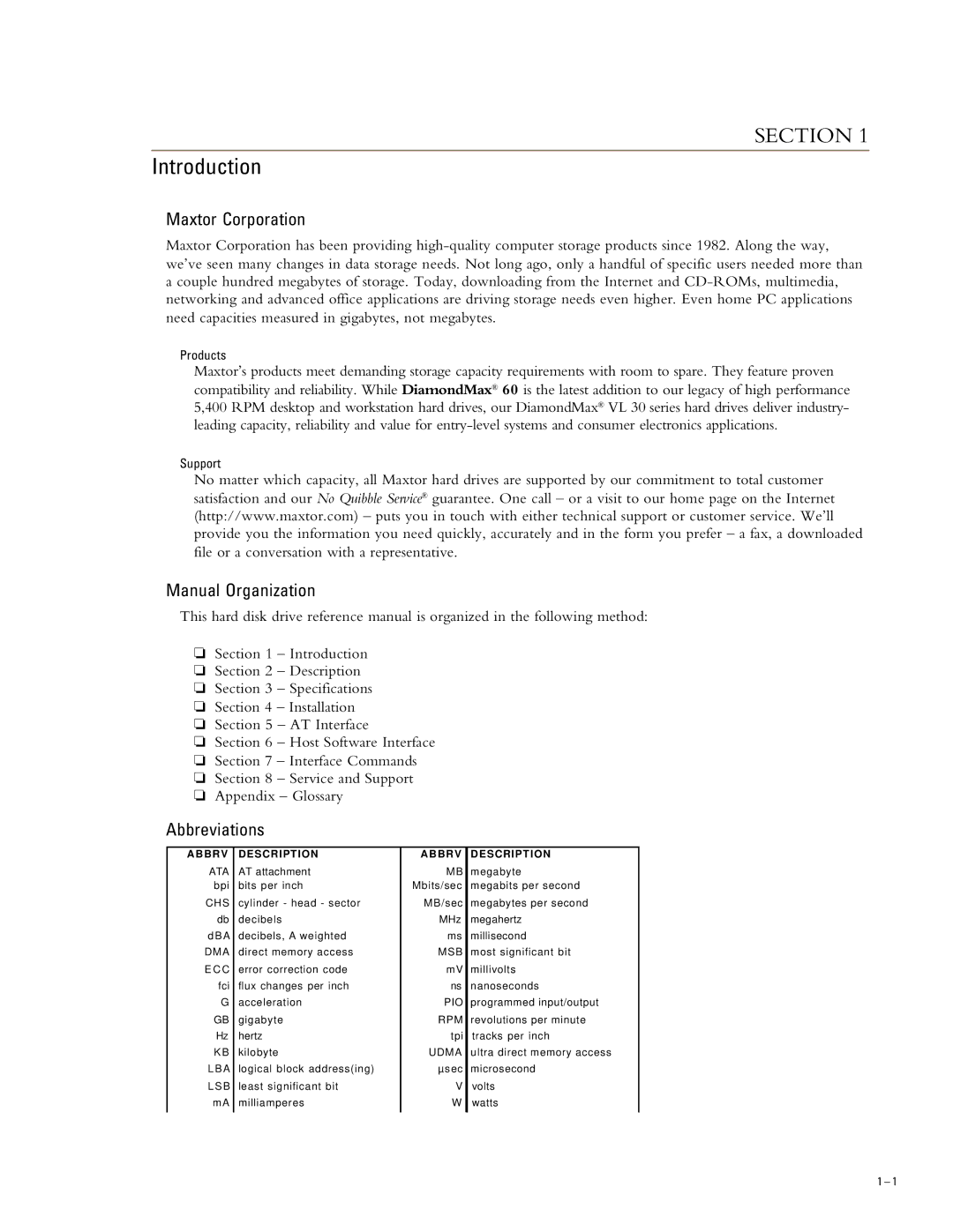 Maxtor 94610H6, 93073H4, 96147H8, 91536H2 Introduction, Maxtor Corporation, Manual Organization, Abbreviations, Description 