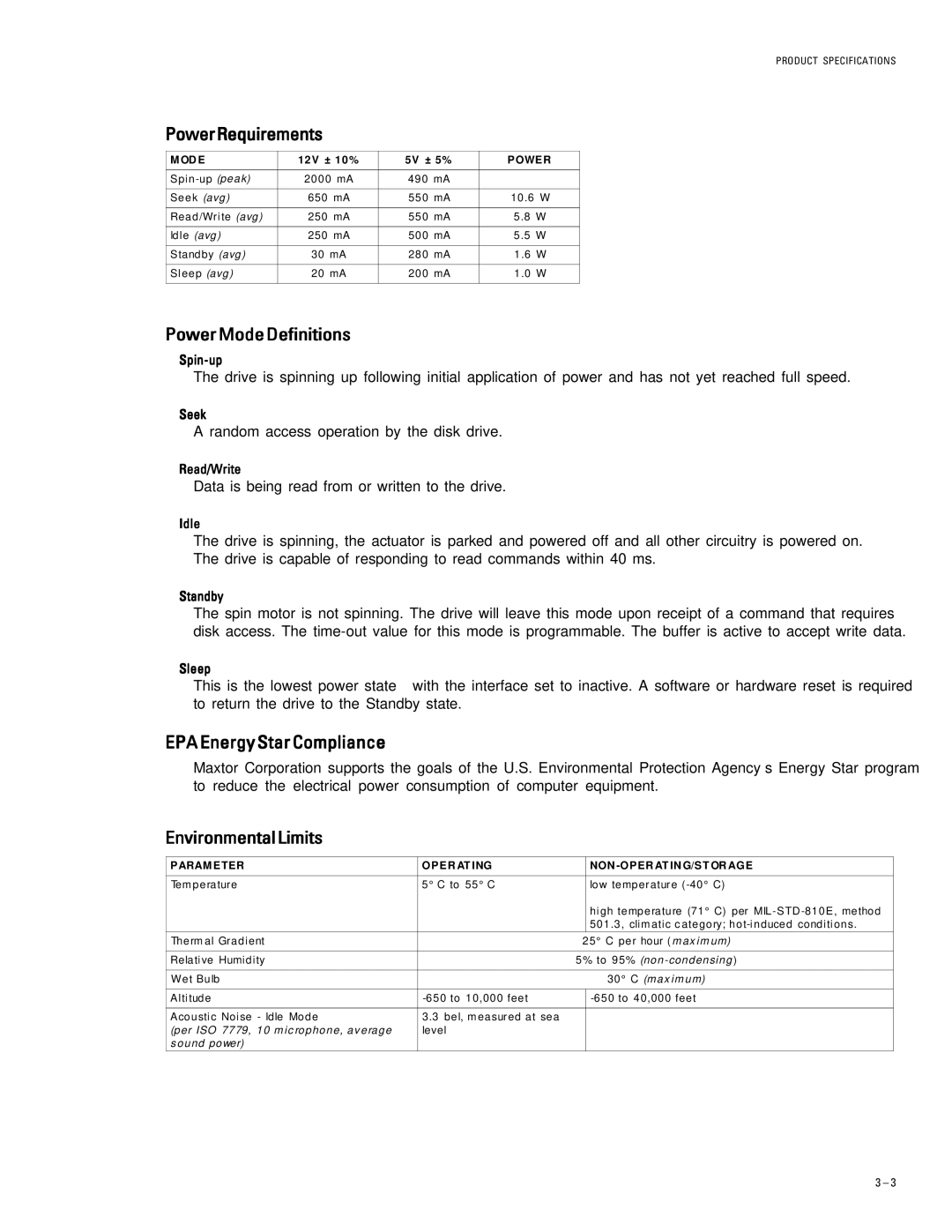 Maxtor 98196H8, 96147H6 PowerRequirements, PowerModeDefinitions, EPA Energy Star Compliance, EnvironmentalLimits 