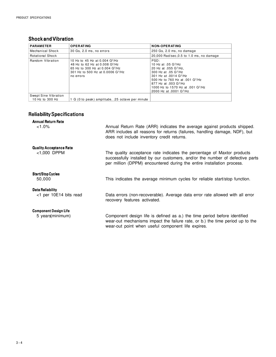 Maxtor 96147H6, 98196H8 Shock and Vibration, ReliabilitySpecifications, Param E TE R OP ER AT ING ON- OPE R AT ING 