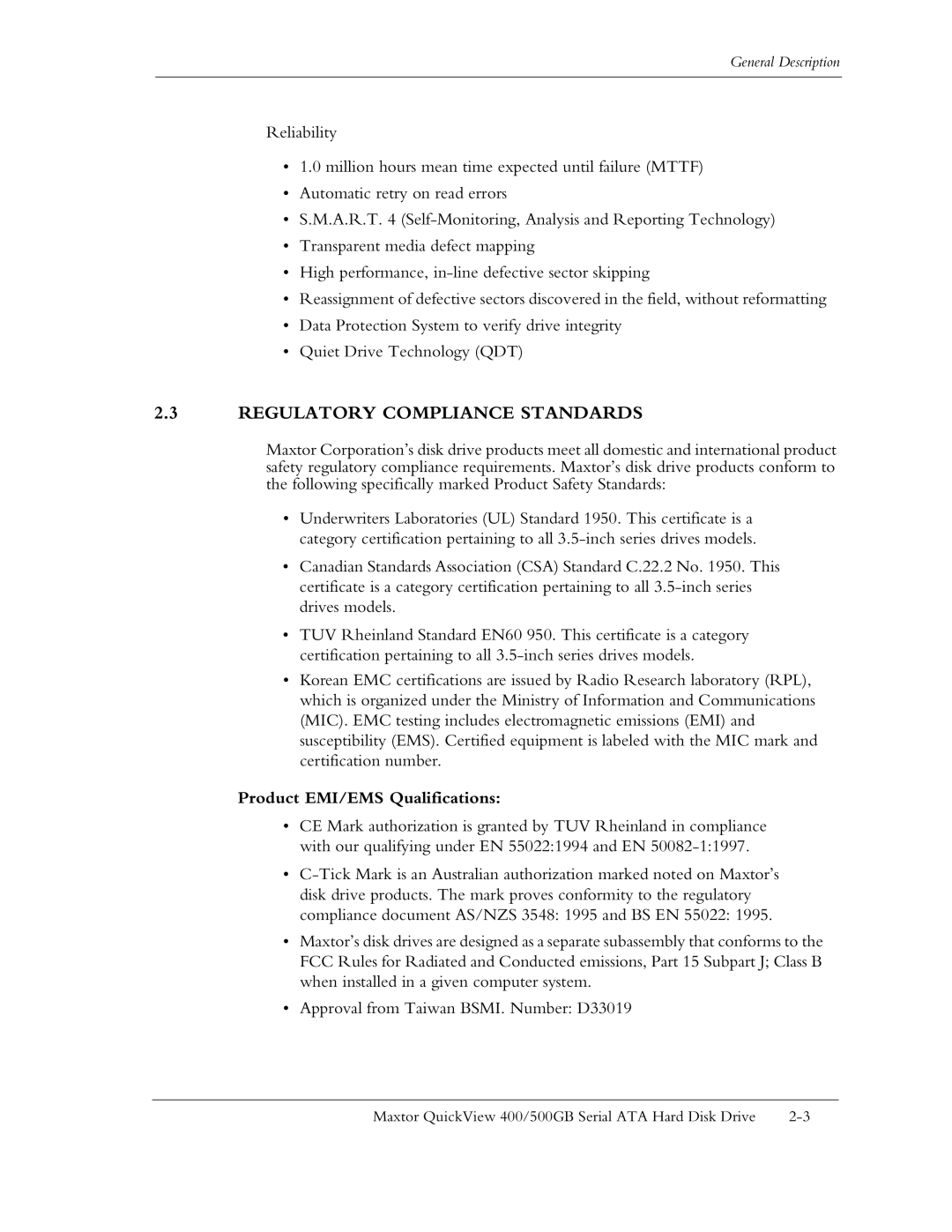 Maxtor ATA manual Regulatory Compliance Standards, Product EMI/EMS Qualifications 