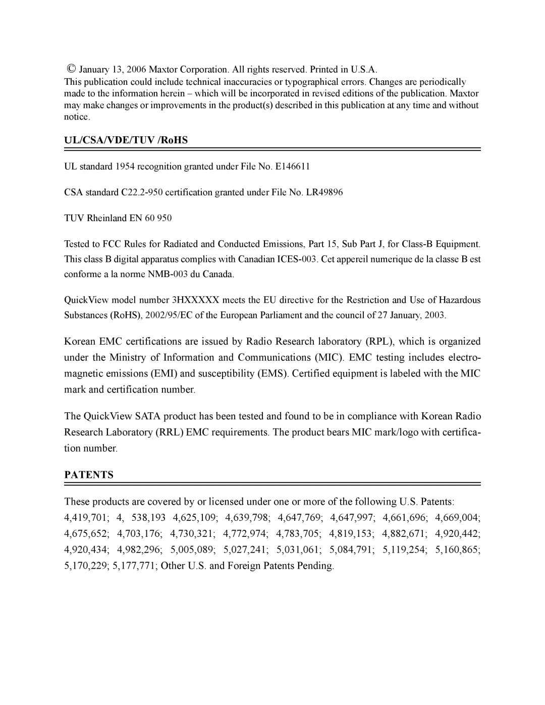 Maxtor ATA manual UL/CSA/VDE/TUV /RoHS, Patents 