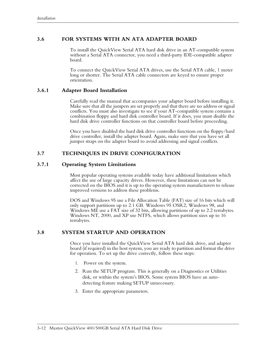 Maxtor manual For Systems with AN ATA Adapter Board, Adapter Board Installation, Techniques in Drive Configuration 