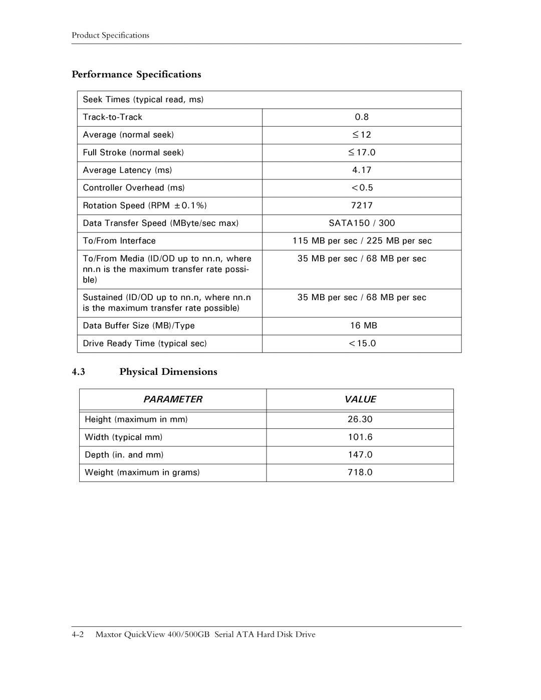 Maxtor ATA manual Performance Specifications, Physical Dimensions 