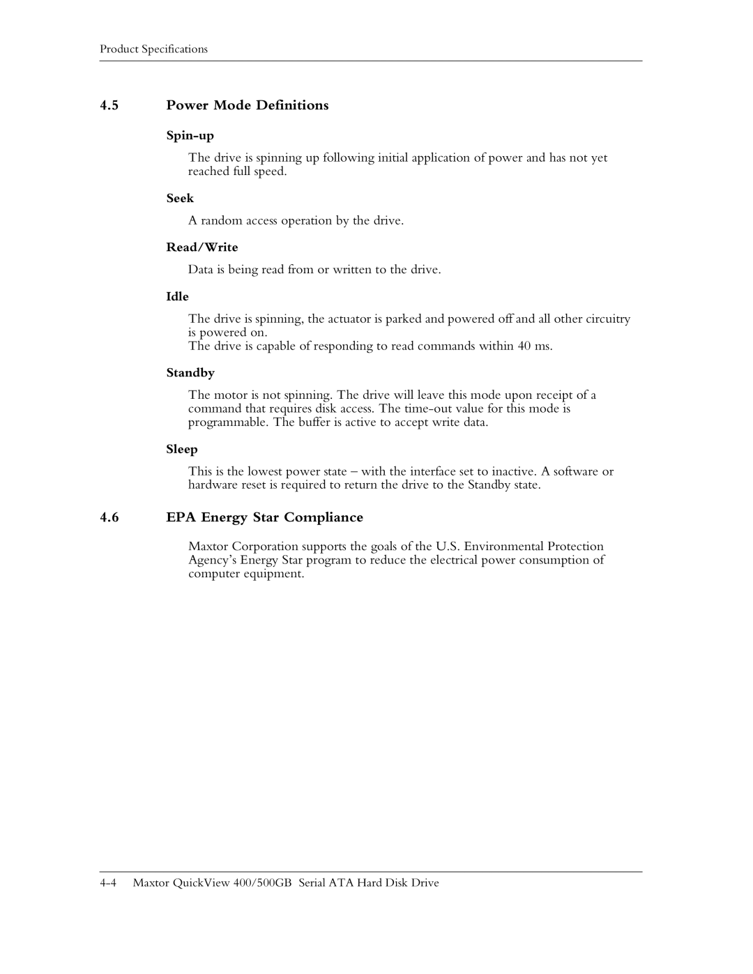 Maxtor ATA manual Power Mode Definitions, EPA Energy Star Compliance 