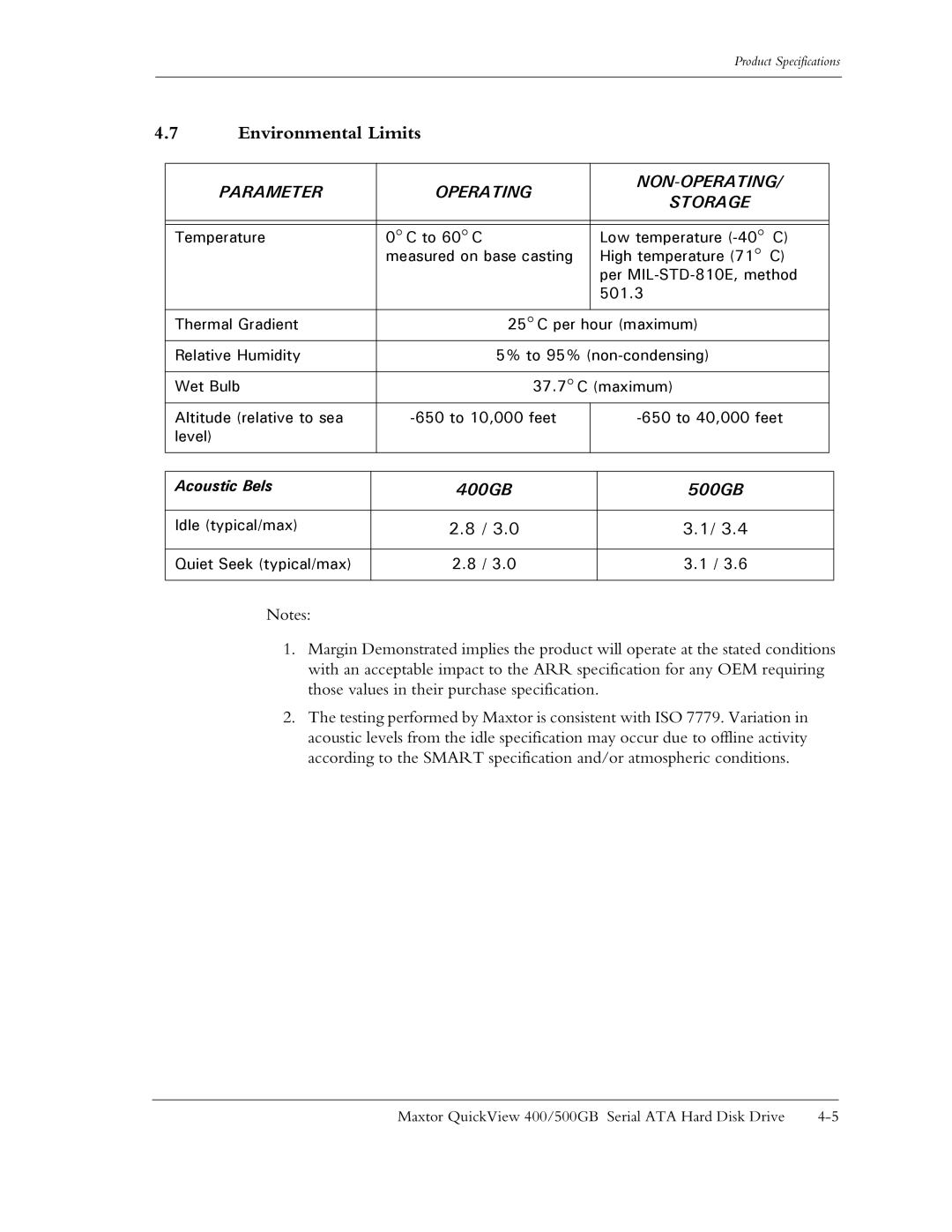 Maxtor ATA manual Environmental Limits, Parameter Operating NON-OPERATING 