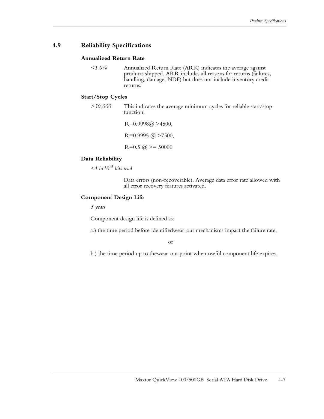 Maxtor ATA Reliability Specifications, Annualized Return Rate, Start/Stop Cycles, Data Reliability, Component Design Life 