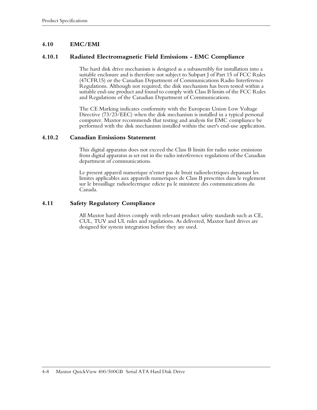 Maxtor ATA manual Canadian Emissions Statement, Safety Regulatory Compliance 