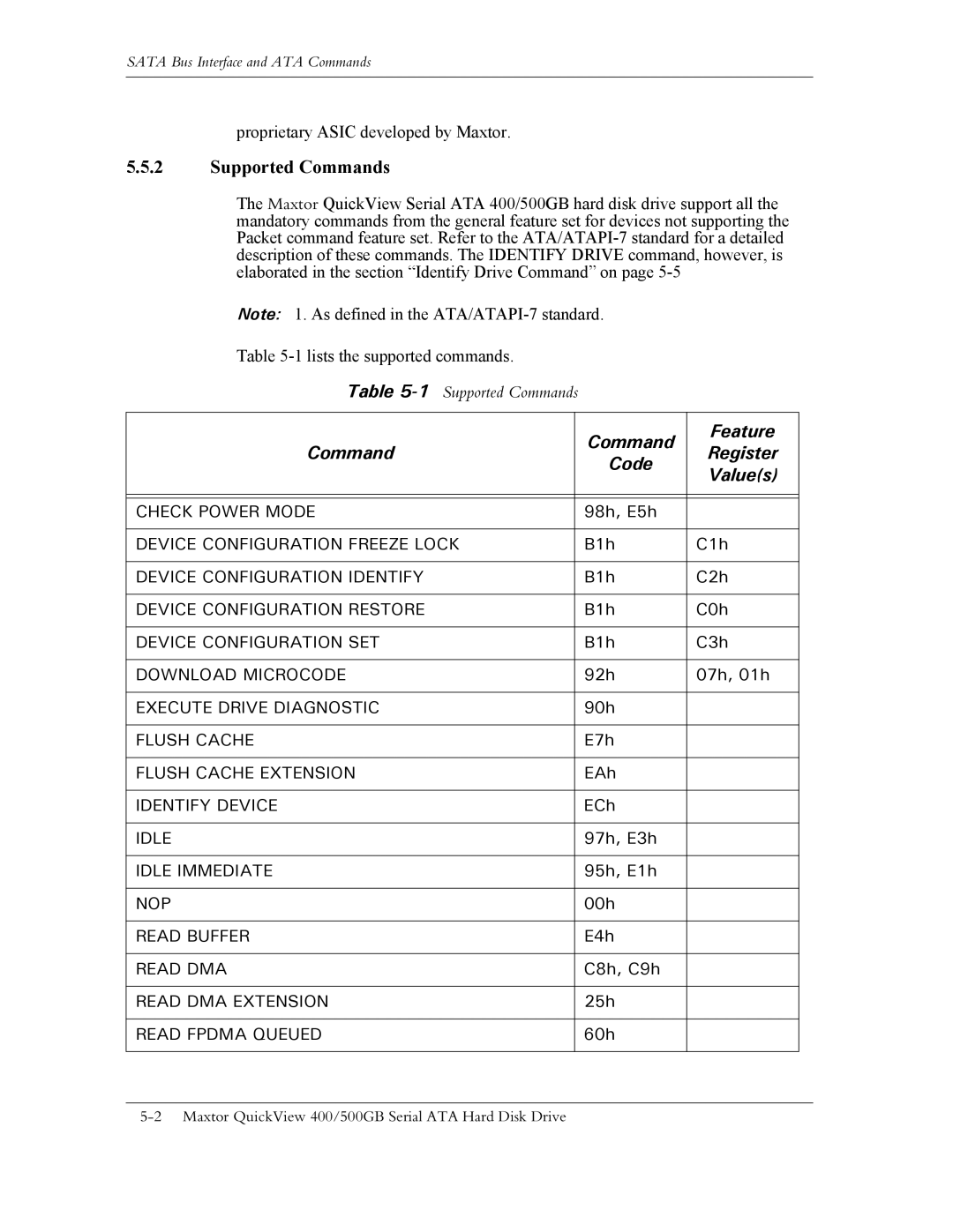 Maxtor ATA manual Supported Commands, Command Feature Register Code Values 