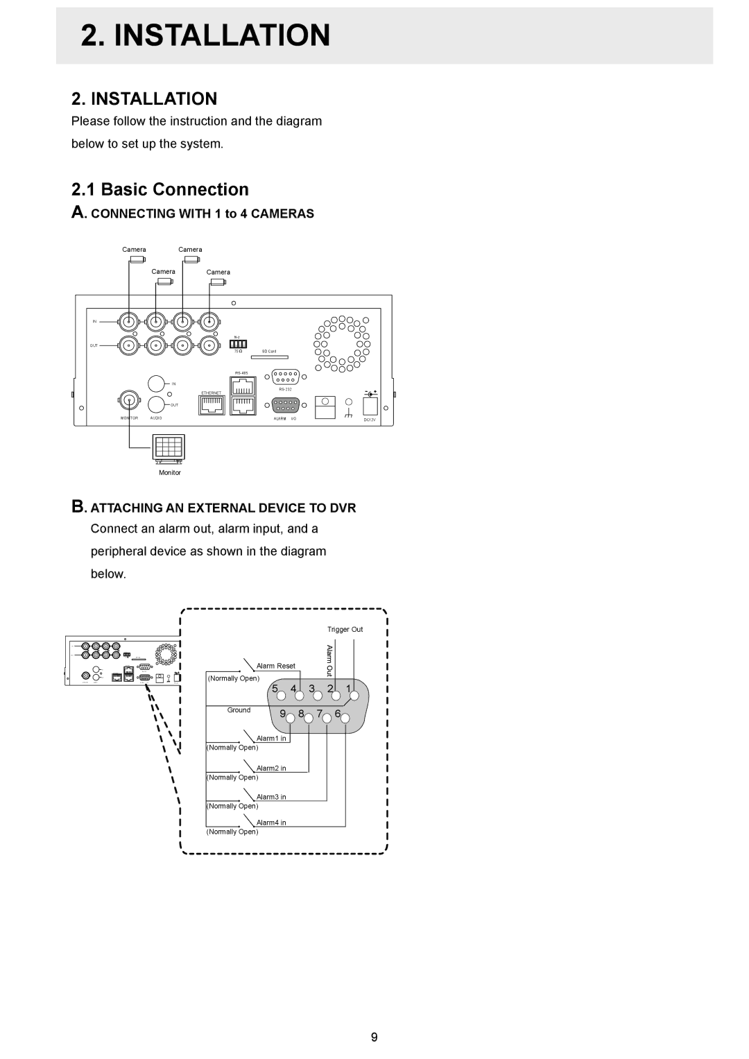 Maxtor AVE MVDR-5000 Installation, Basic Connection, Connecting with 1 to 4 Cameras, Attaching AN External Device to DVR 