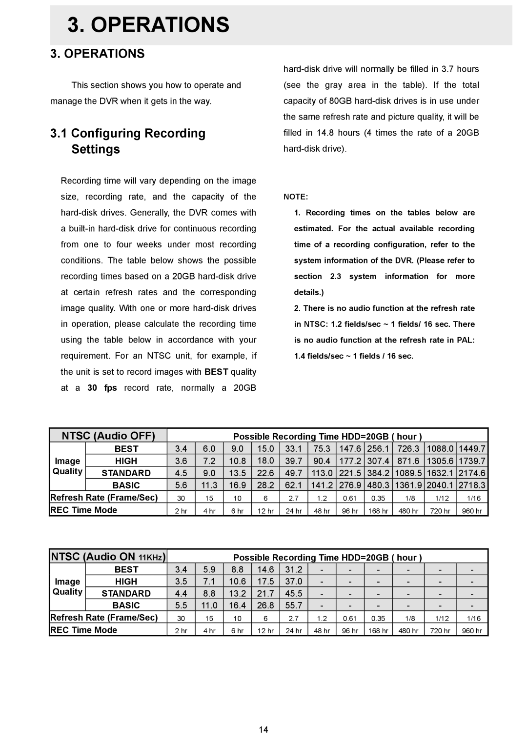 Maxtor AVE MVDR-5000 operation manual Operations, Configuring Recording Settings, Ntsc Audio OFF, Ntsc Audio on 11KHz 