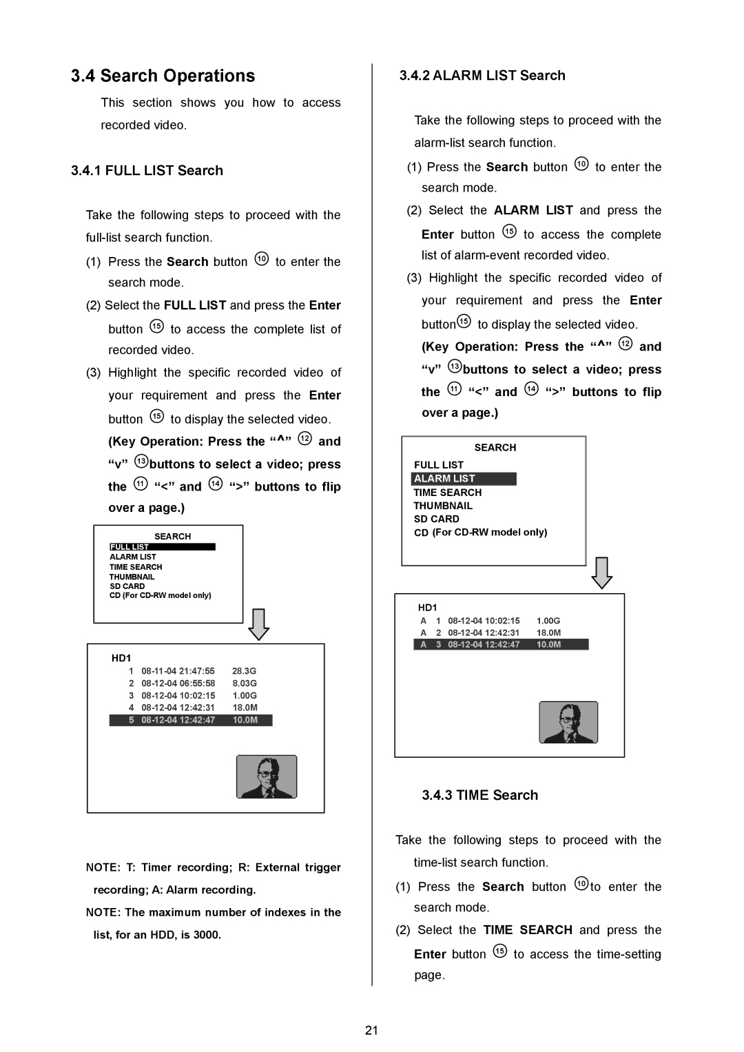 Maxtor AVE MVDR-5000 operation manual Search Operations, Full List Search, Alarm List Search, Time Search 