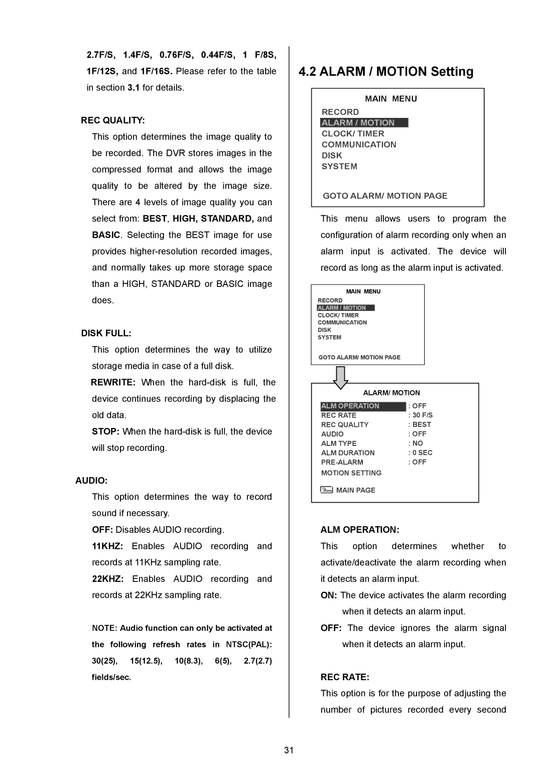 Maxtor AVE MVDR-5000 operation manual Alarm / Motion Setting, REC Quality, Disk Full, Audio, ALM Operation 