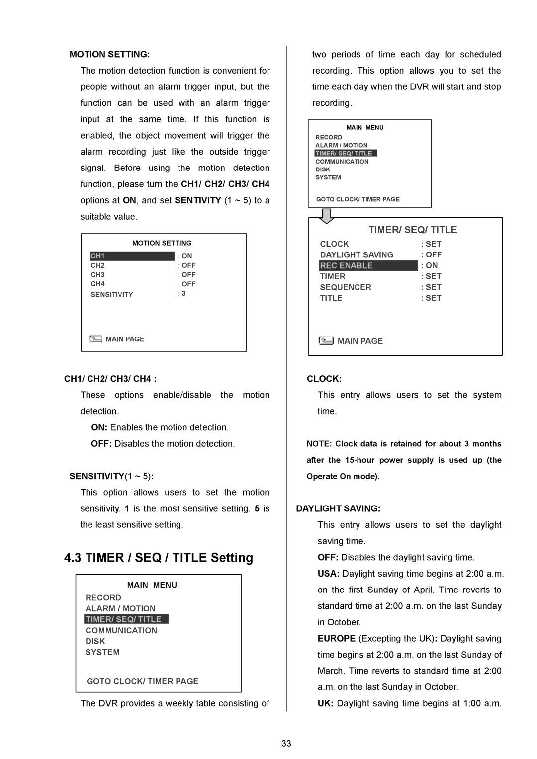 Maxtor AVE MVDR-5000 operation manual Timer / SEQ / Title Setting, Motion Setting, SENSITIVITY1 ~, Clock, Daylight Saving 