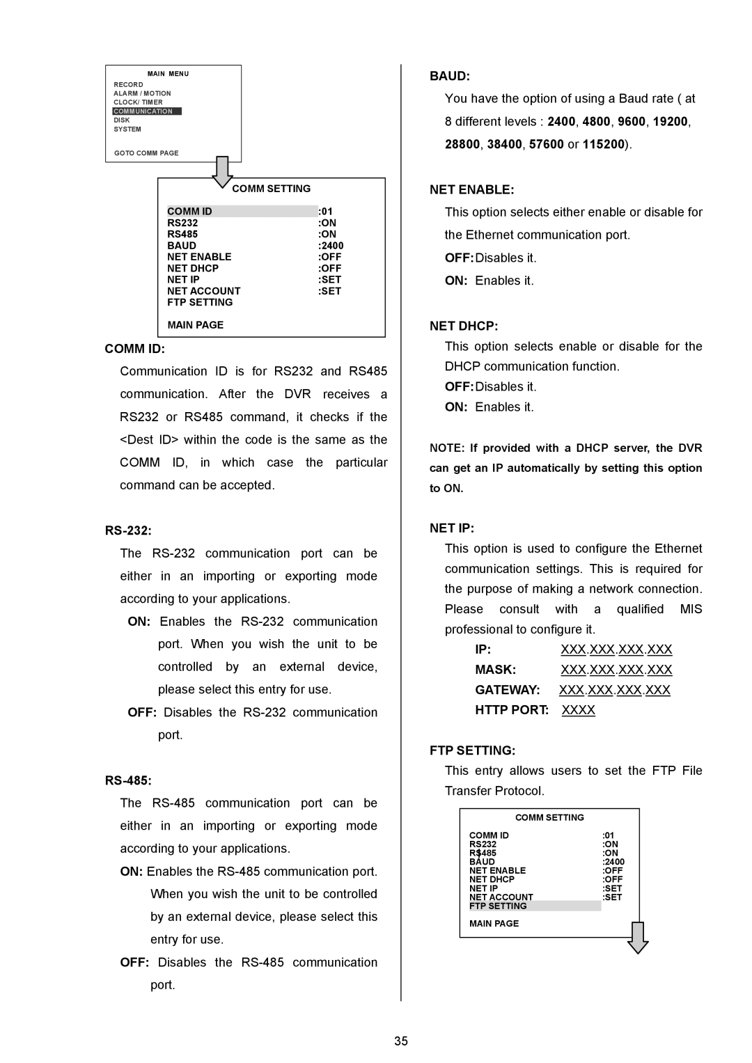 Maxtor AVE MVDR-5000 operation manual Comm ID, Baud, NET Enable, NET Dhcp, Net Ip, FTP Setting 