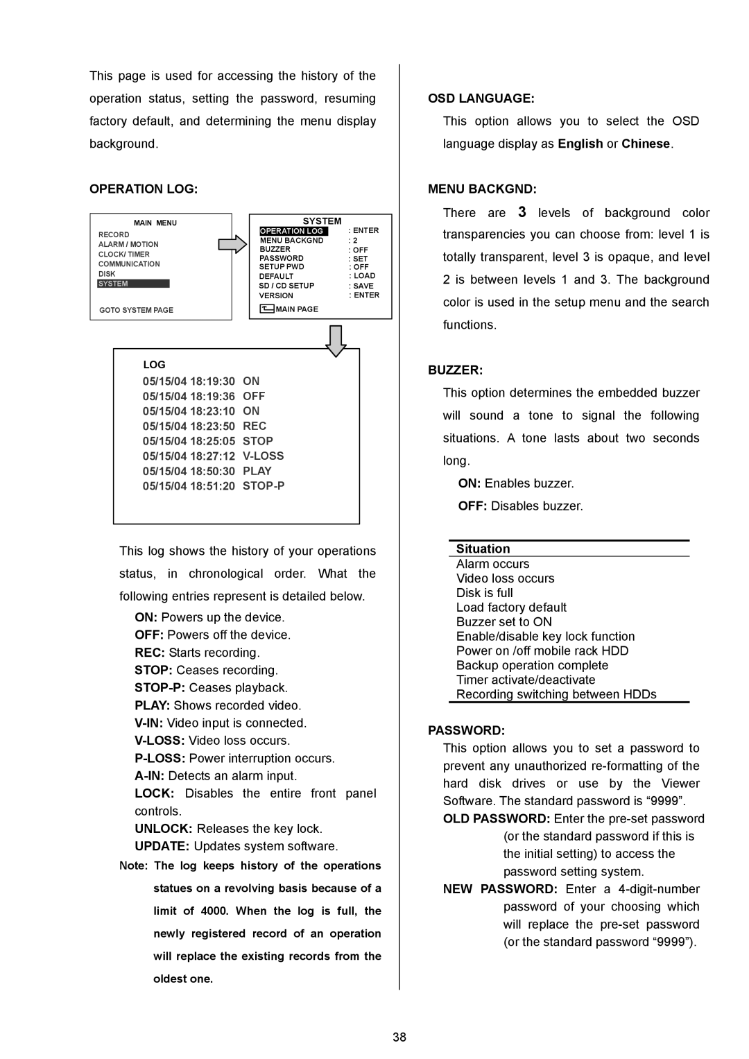 Maxtor AVE MVDR-5000 operation manual OSD Language, Operation LOG, Menu Backgnd, Buzzer, Situation 