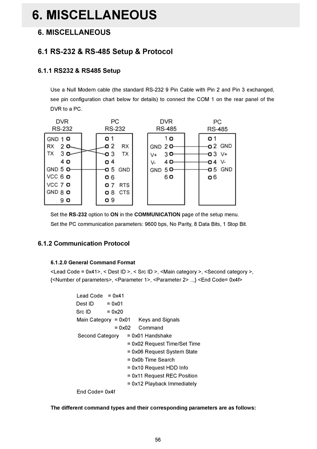 Maxtor AVE MVDR-5000 Miscellaneous, RS-232 & RS-485 Setup & Protocol, 1 RS232 & RS485 Setup, Communication Protocol 