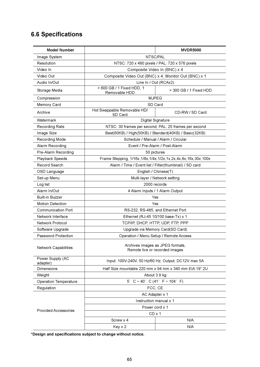 Maxtor AVE MVDR-5000 operation manual Specifications, Model Number MVDR5000 