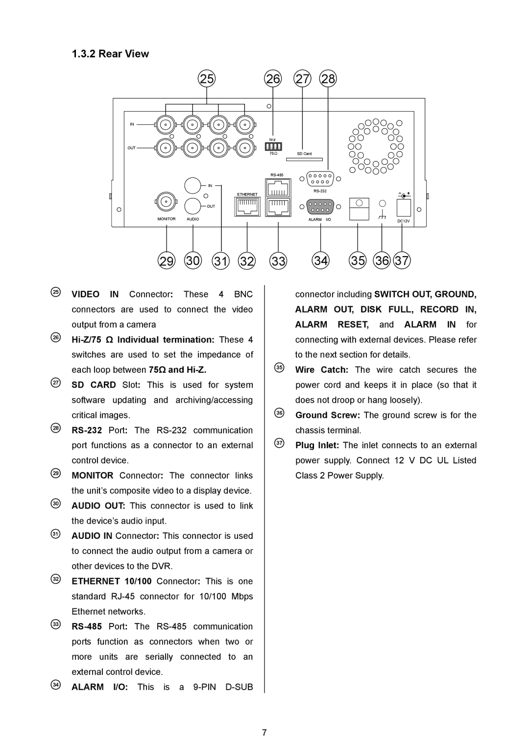 Maxtor AVE MVDR-5000 operation manual Rear View, Alarm OUT, Disk FULL, Record 