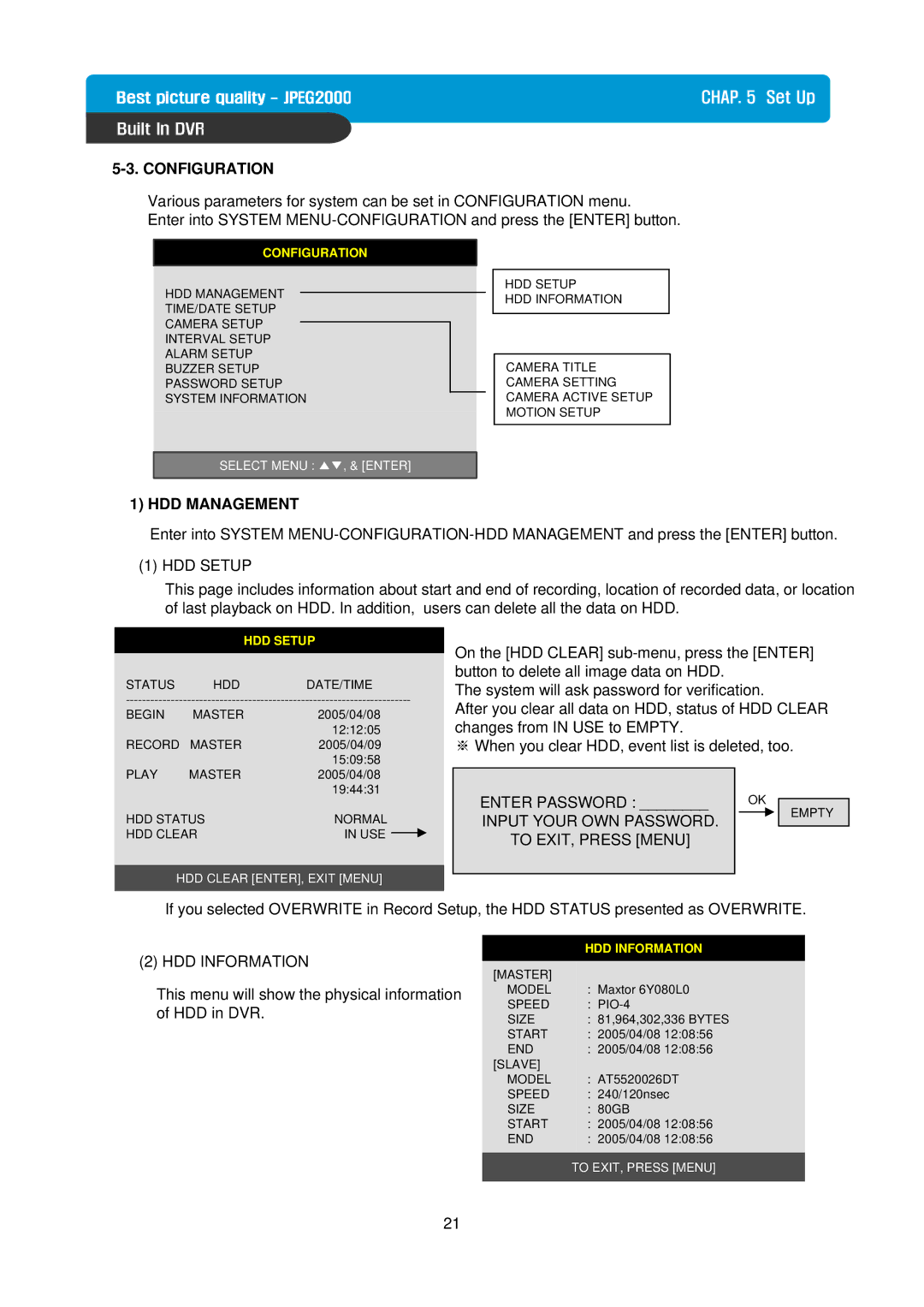 Maxtor Built in Digital Video Recorder manual Configuration, HDD Management 