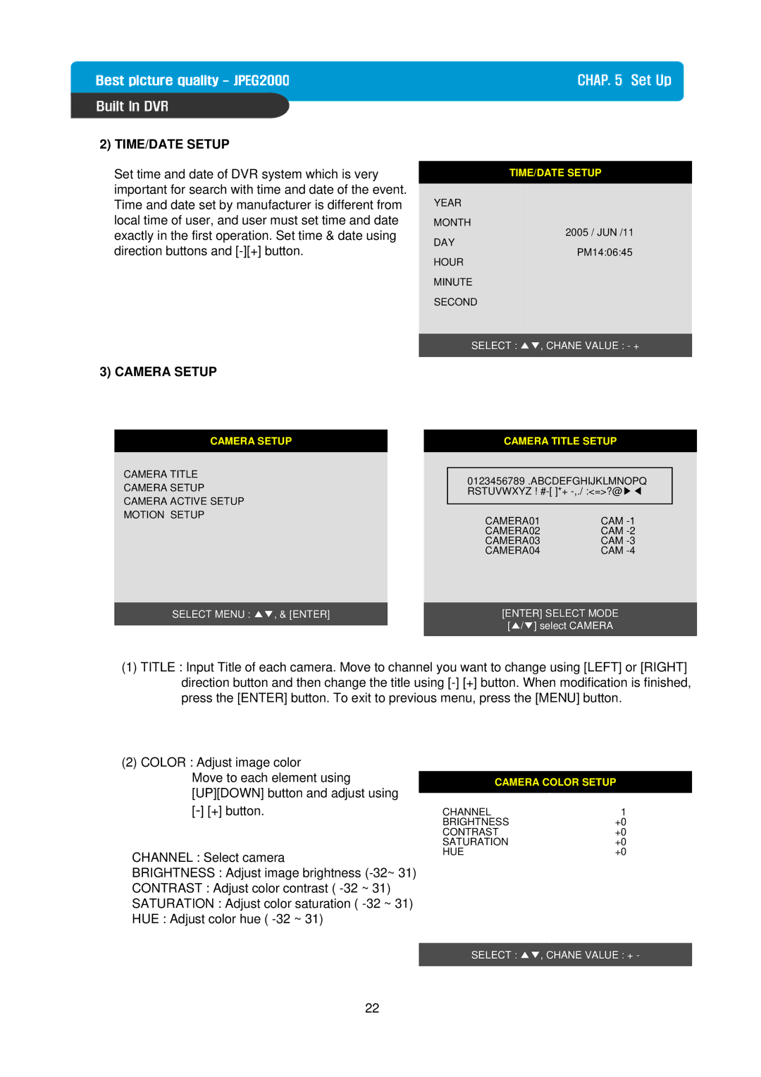 Maxtor Built in Digital Video Recorder manual TIME/DATE Setup, Camera Setup 