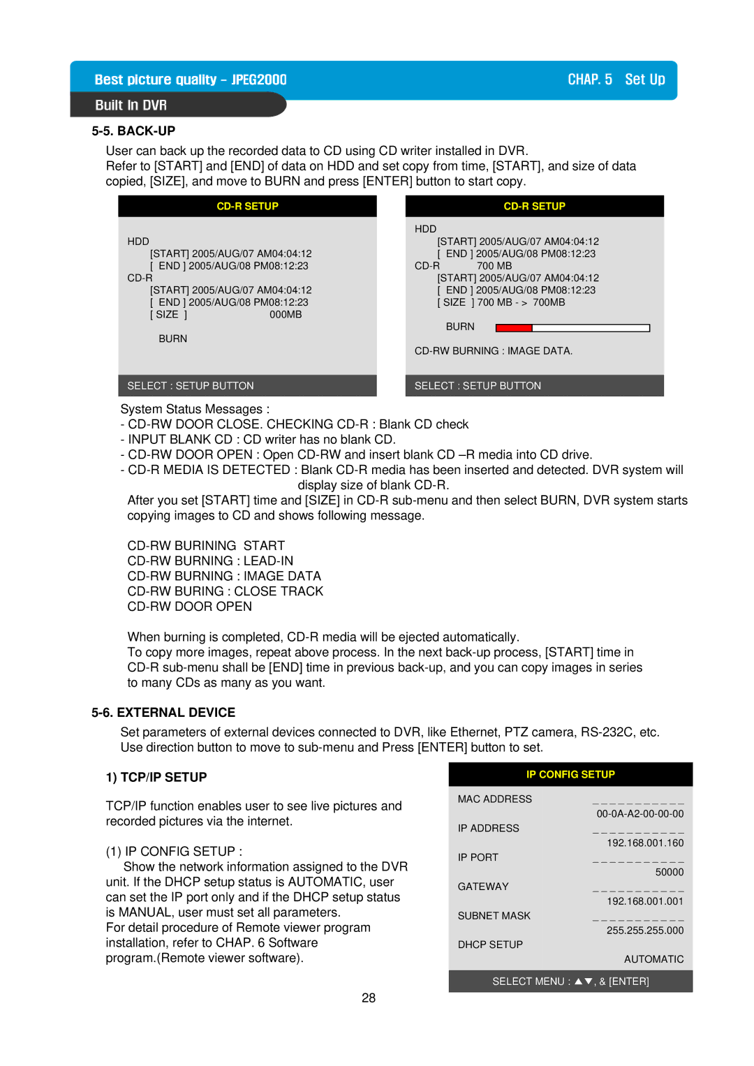 Maxtor Built in Digital Video Recorder manual Back-Up, External Device, TCP/IP Setup, IP Config Setup 