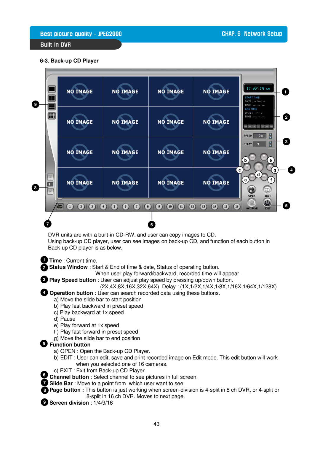 Maxtor Built in Digital Video Recorder manual Back-up CD Player, Function button, Screen division 1/4/9/16 