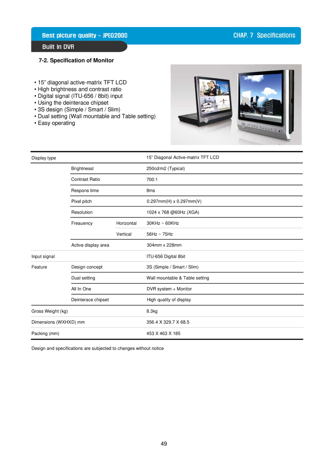 Maxtor Built in Digital Video Recorder manual Specification of Monitor 