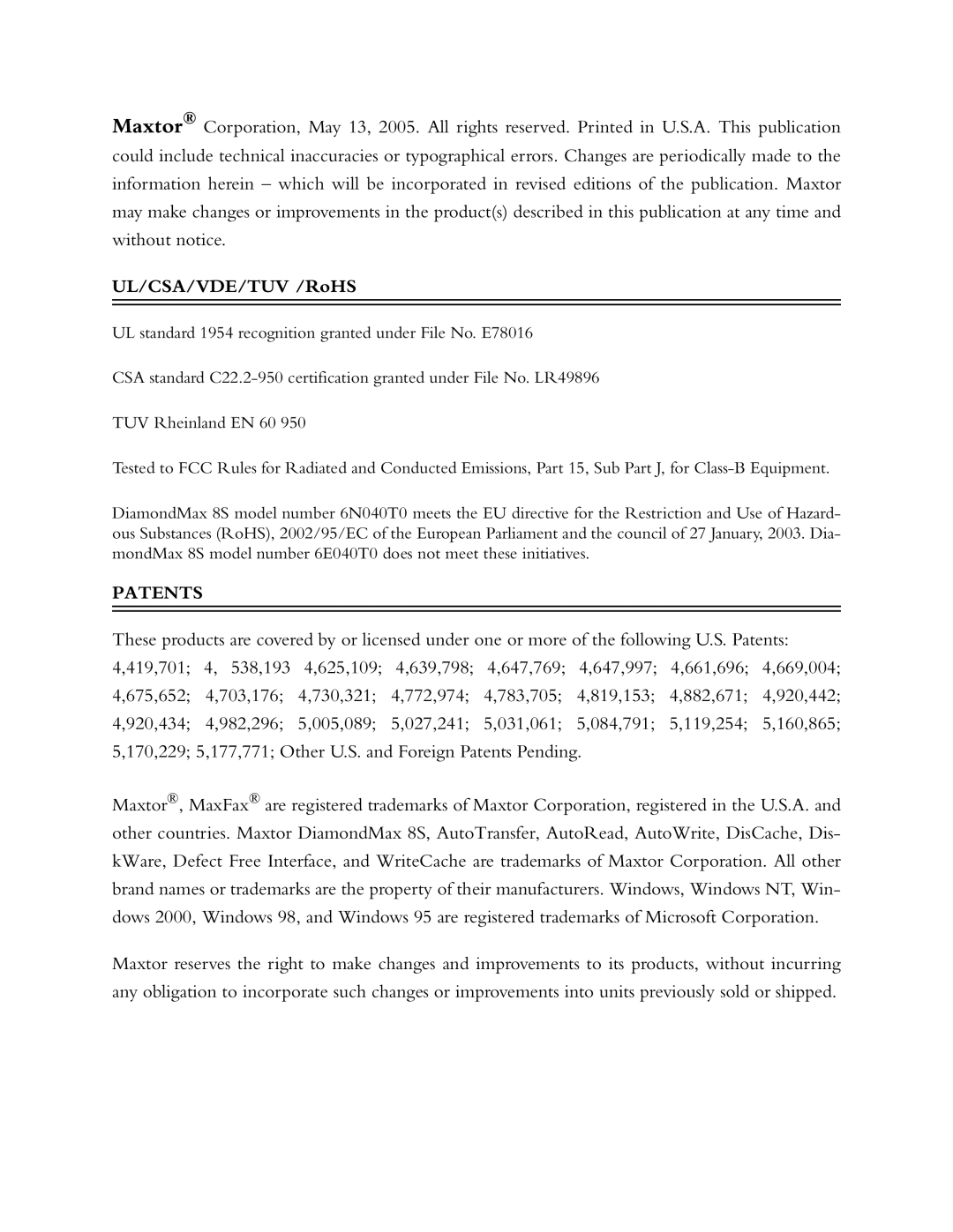 Maxtor Computer Drive manual UL/CSA/VDE/TUV /RoHS, Patents 