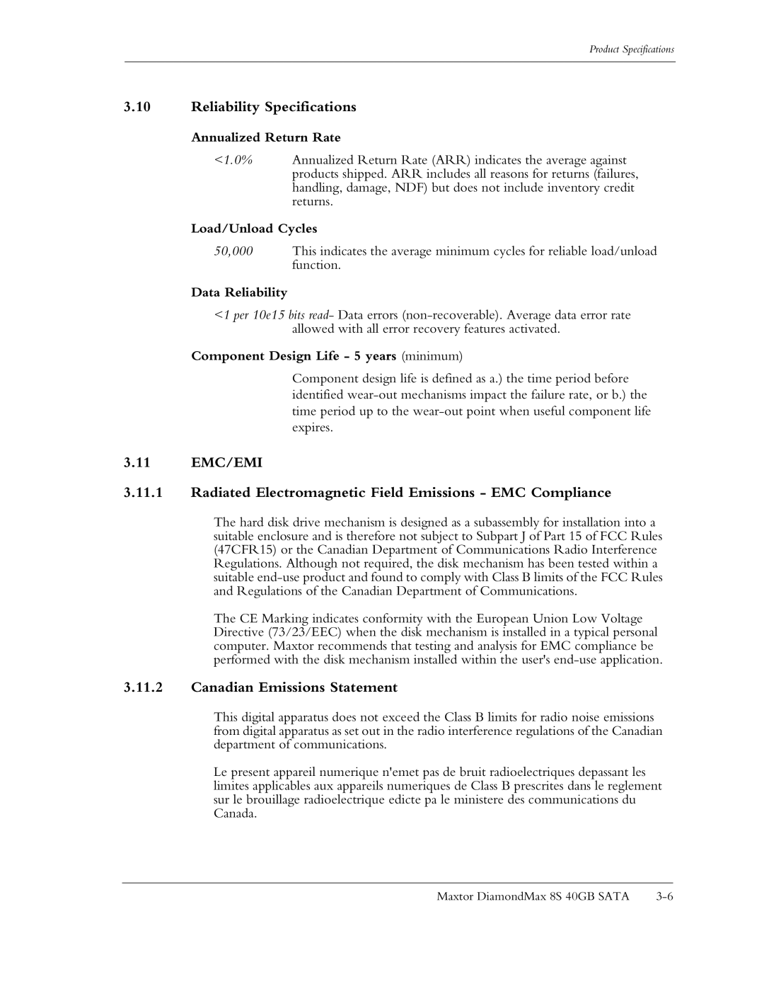 Maxtor Computer Drive manual Reliability Specifications, Canadian Emissions Statement 