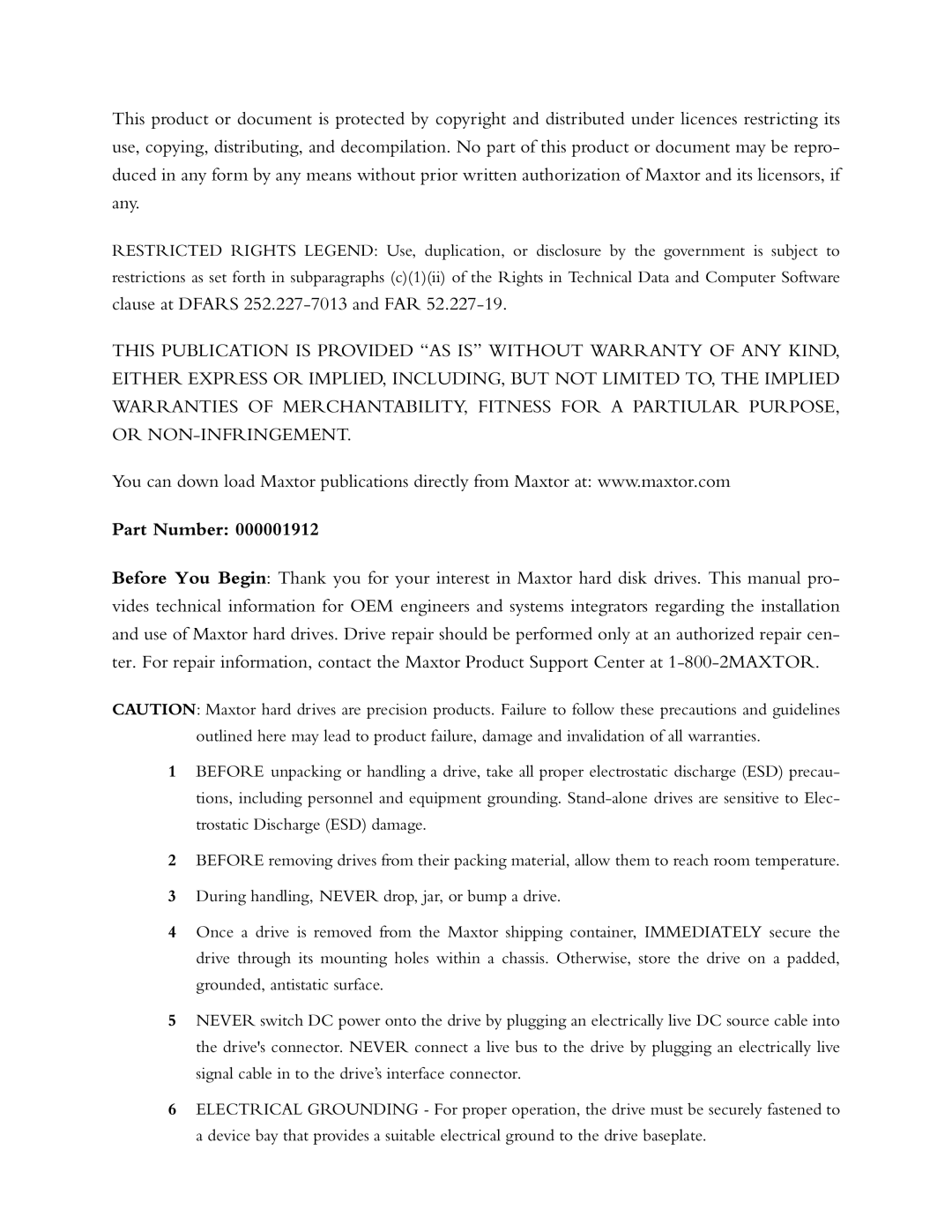 Maxtor Computer Drive manual Clause at Dfars 252.227-7013 and FAR 