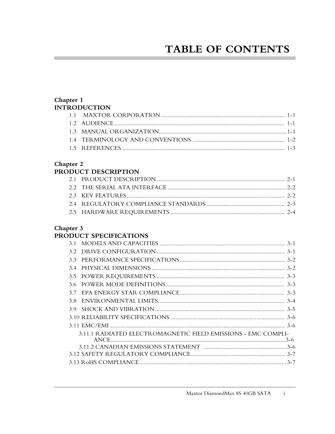 Maxtor Computer Drive manual Table of Contents 