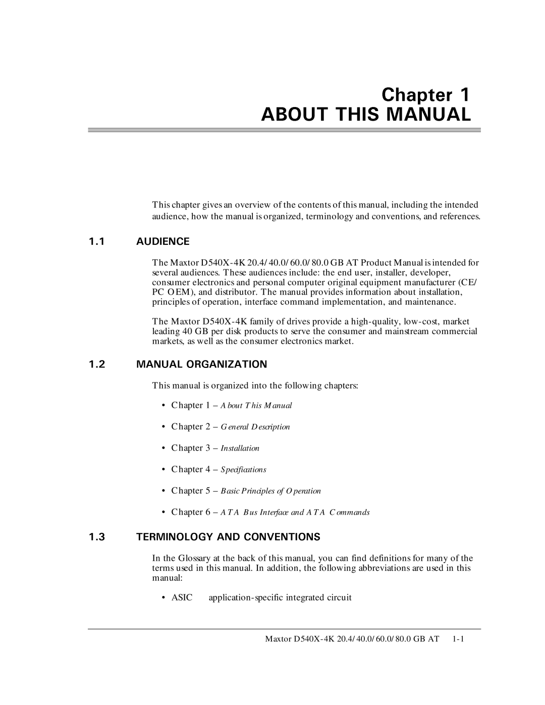 Maxtor D540X-4K manual Installation, Asic, Application-specific integrated circuit 