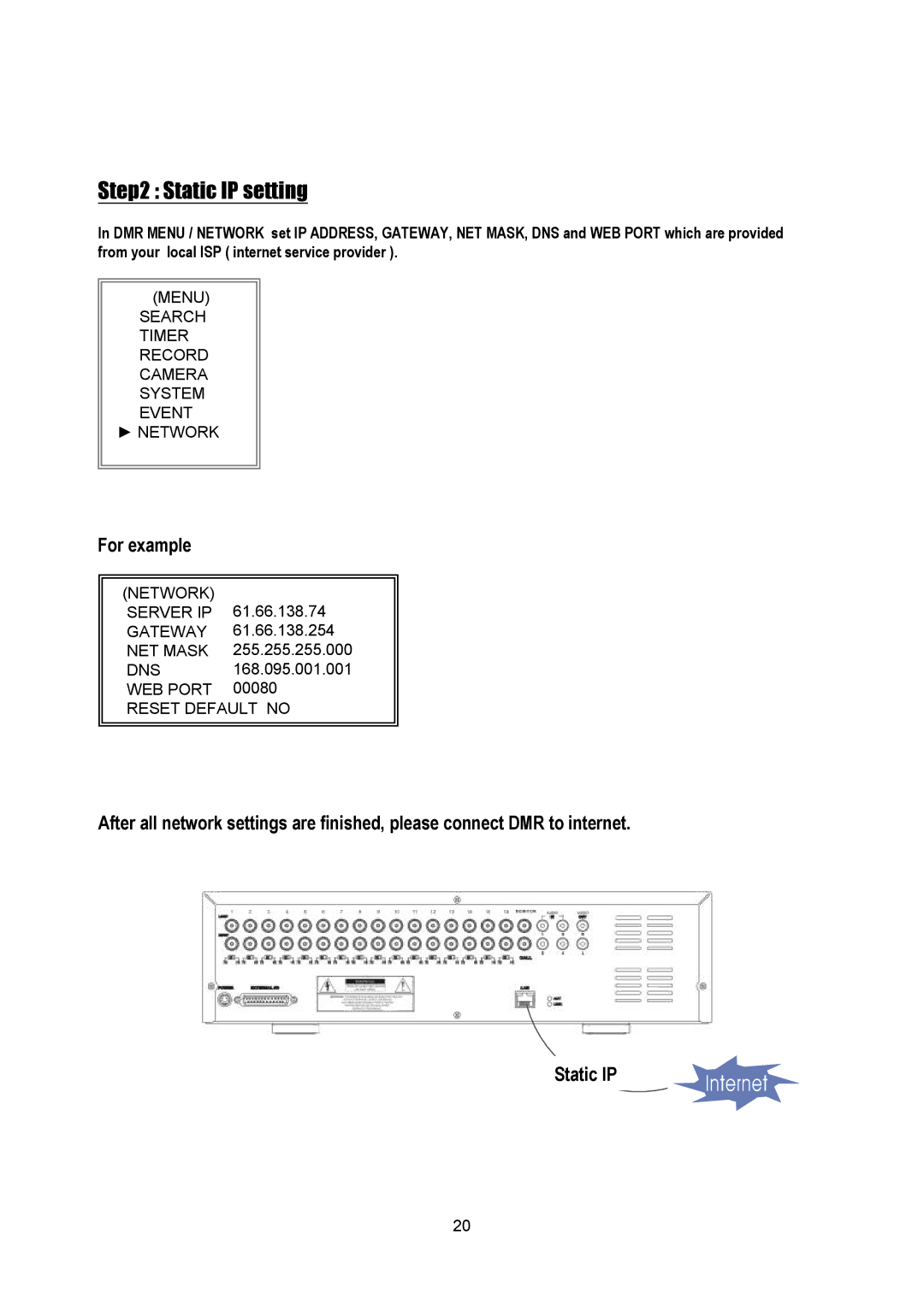 Maxtor Digital Multiplex Recorder user manual Static IP setting, For example 