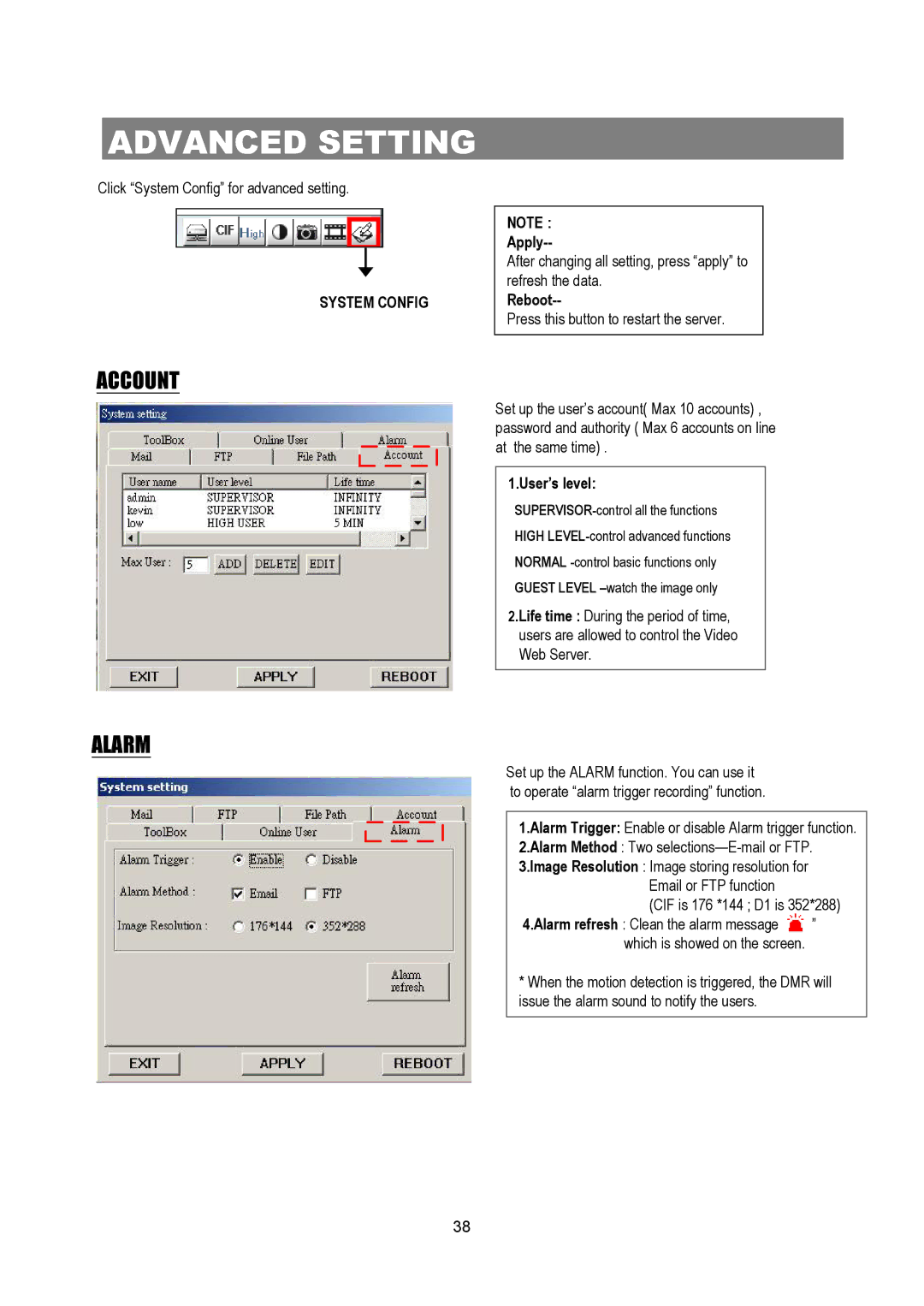 Maxtor Digital Multiplex Recorder user manual Advanced Setting, Apply, Reboot, User’s level 