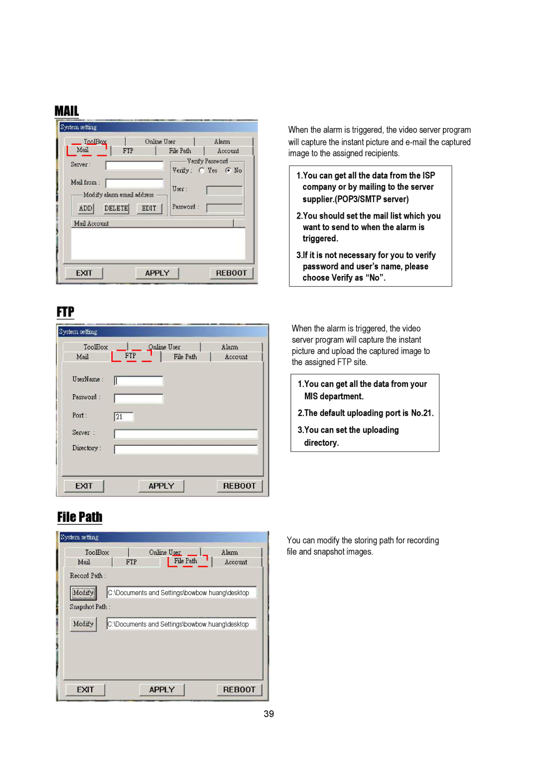 Maxtor Digital Multiplex Recorder user manual Mail, File Path 