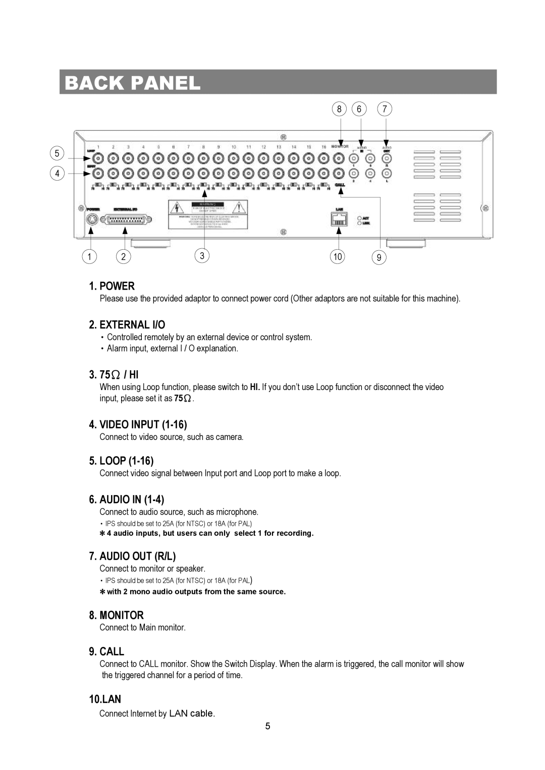 Maxtor Digital Multiplex Recorder user manual Back Panel, External I/O, Audio OUT R/L, Monitor, Call 