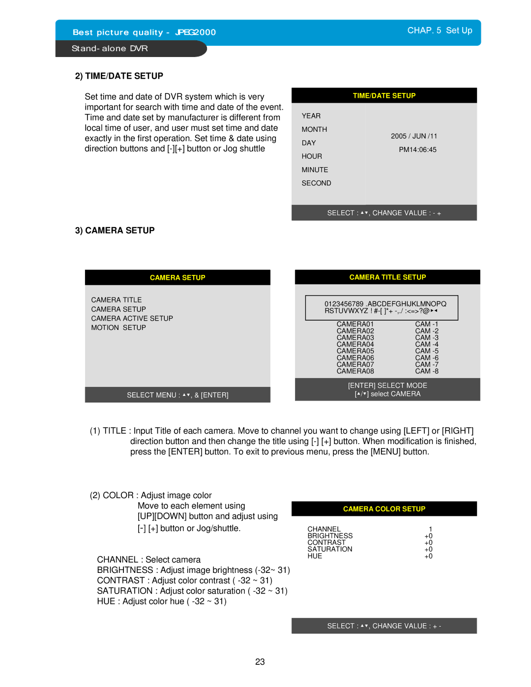 Maxtor DVMR manual TIME/DATE Setup, Camera Setup 